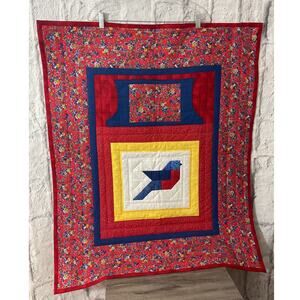 Wall Quilt Decorative Red Blue Handmade Quilt 31” x 38”